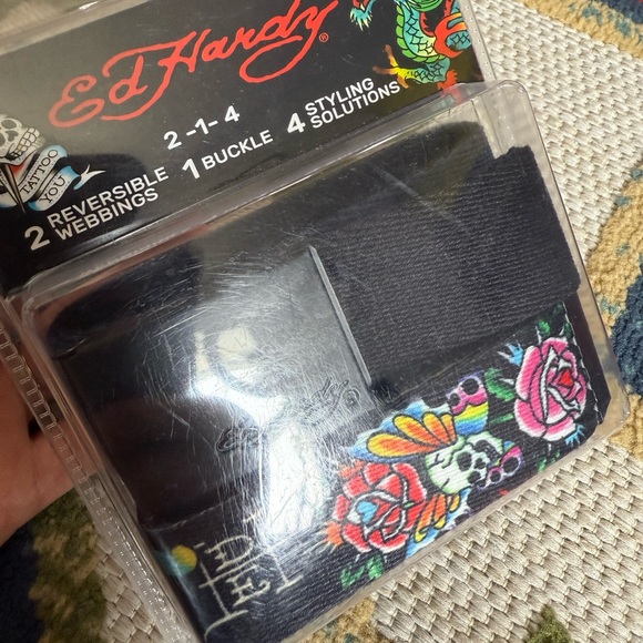 Ed Hardy Black Belt with Skull and Floral Design - Picture 1 of 7